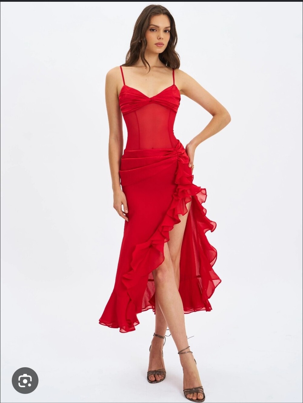 #826 Dahlina Red Ruched Waist High Slit Midi Dress XS